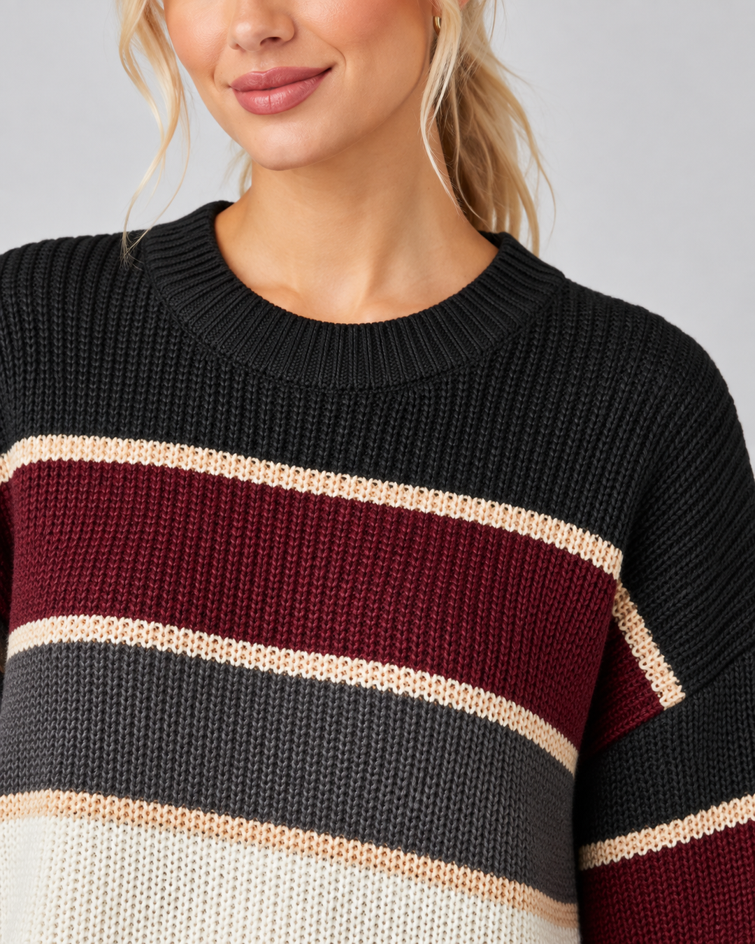 Margaux color block sweater, close-up of crew neckline