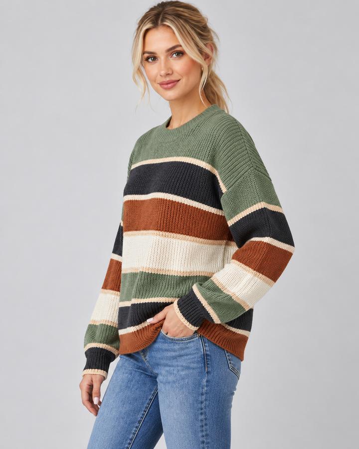 Margaux color block sweater in green colorway, side view on model