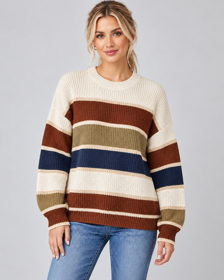 Margaux color block sweater in green colorway, side view on model
