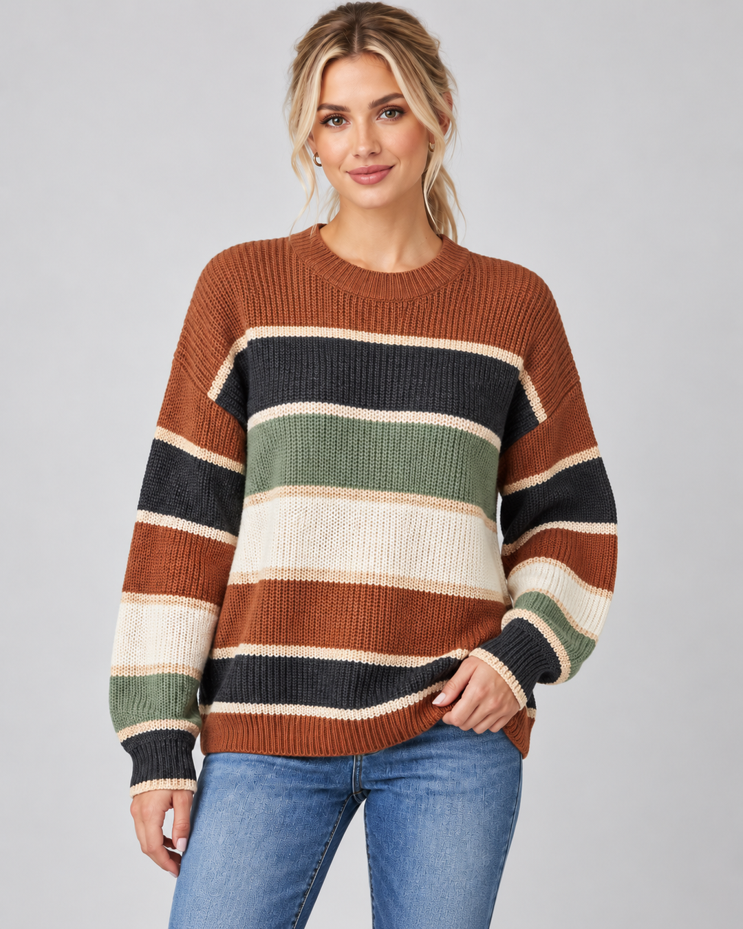 Margaux color block sweater in green colorway, side view on model