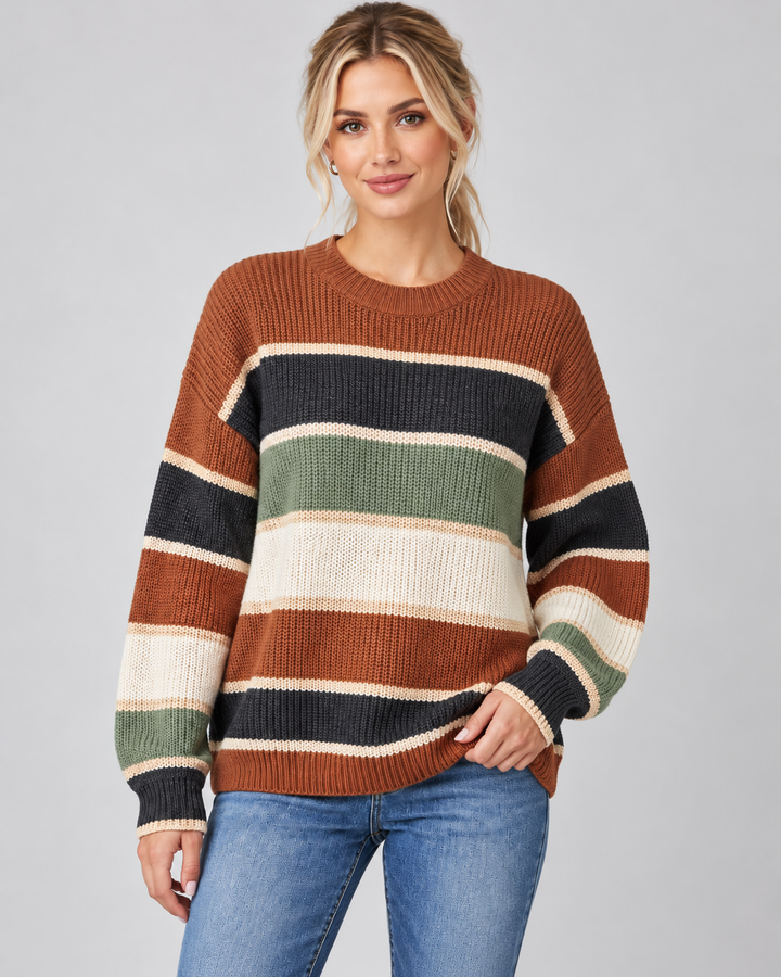 Margaux color block sweater in green colorway, side view on model