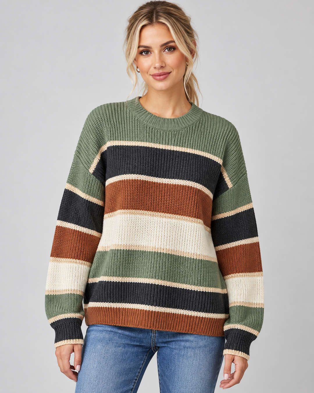 Margaux color block sweater in green colorway, side view on model