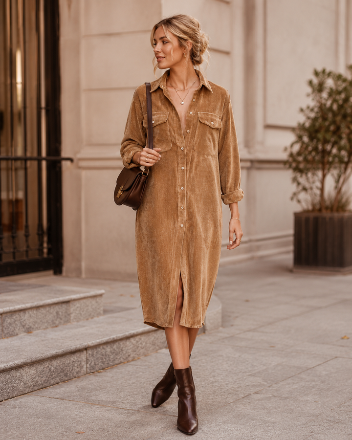 Margaux collared corduroy shirt dress in camel, front view walking outdoors