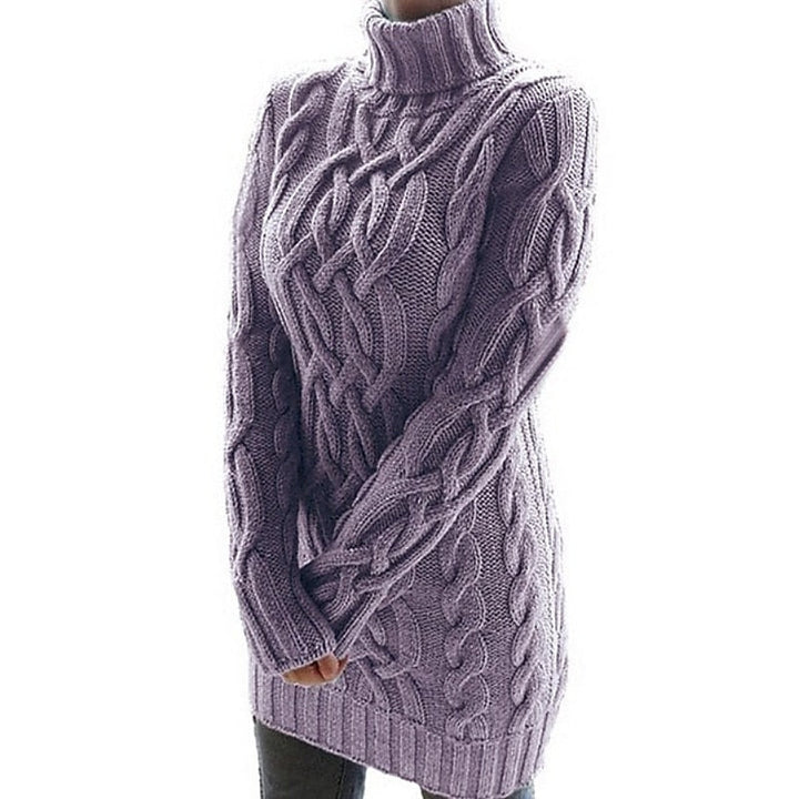 Margot cable-knit turtleneck sweater dress in purple, side view