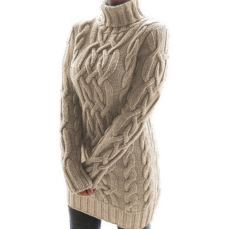 Margot cable-knit turtleneck sweater dress in khaki, side view