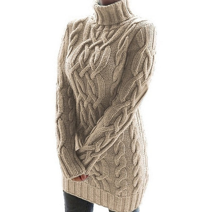 Margot cable-knit turtleneck sweater dress in khaki, side view