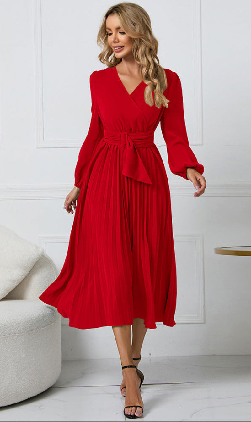 Margot pleated V-neck long sleeve midi dress in red, walking front view