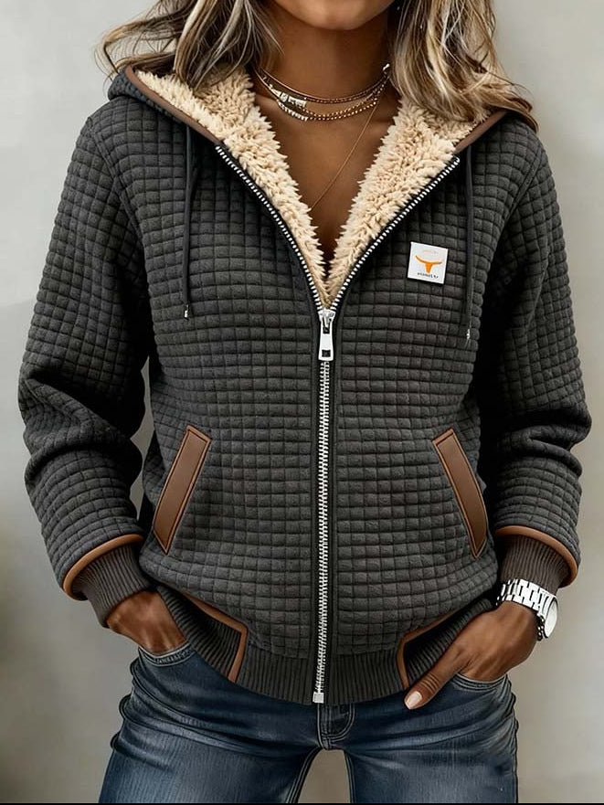 Margot quilted hooded zip-up jacket with sherpa lining, front view