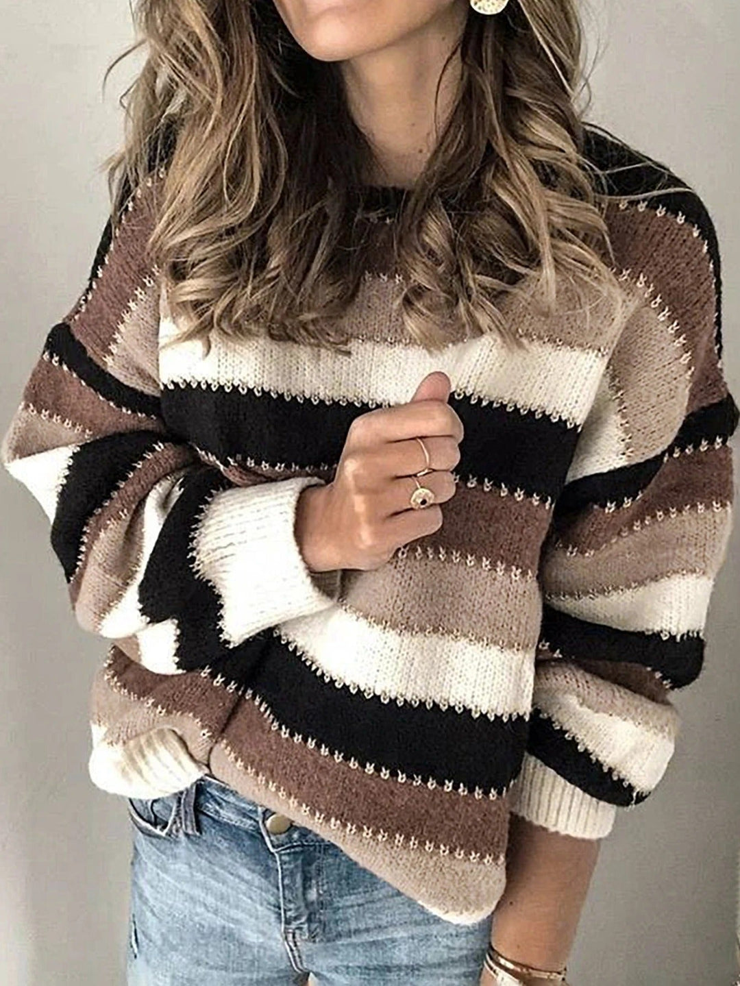 Margot striped crew neck oversized sweater, front view close-up with model
