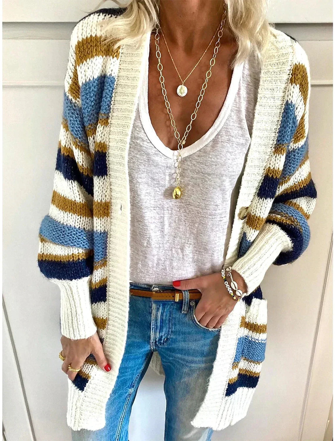 Margot striped open front cardigan with V-neck, front view close-up