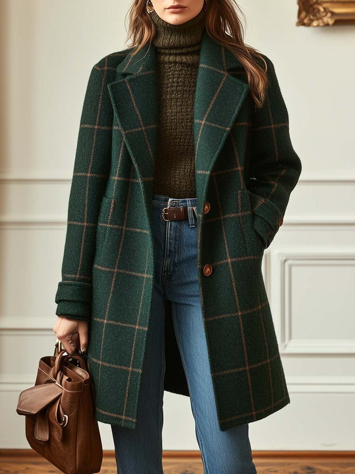 Margot windowpane check lapel collar midi coat, full front view with belt bag