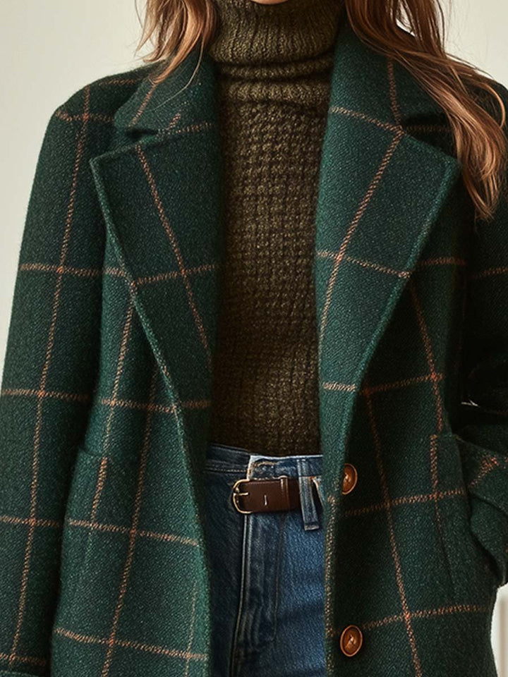 Margot check coat close-up showing lapel collar and button details