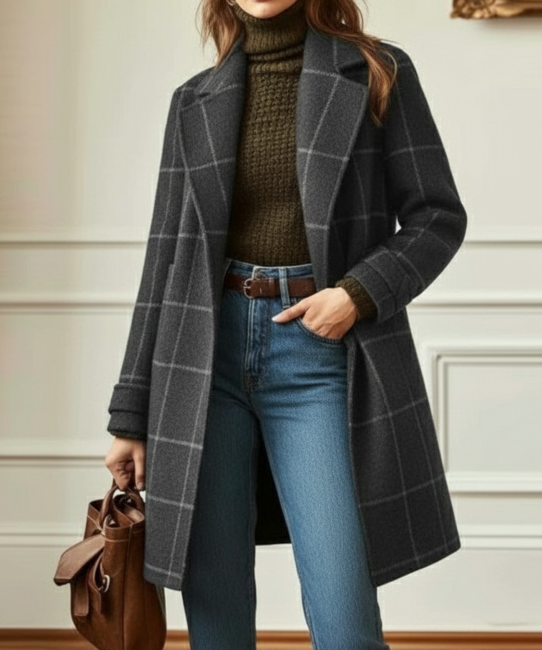 Margot midi coat in gray windowpane check, full front view