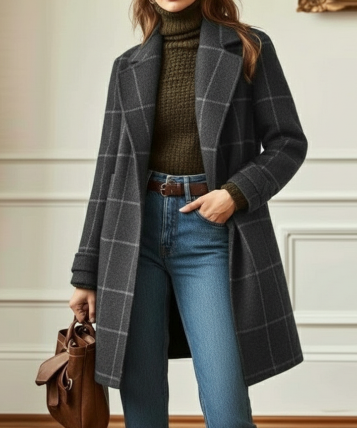 Margot midi coat in gray windowpane check, full front view