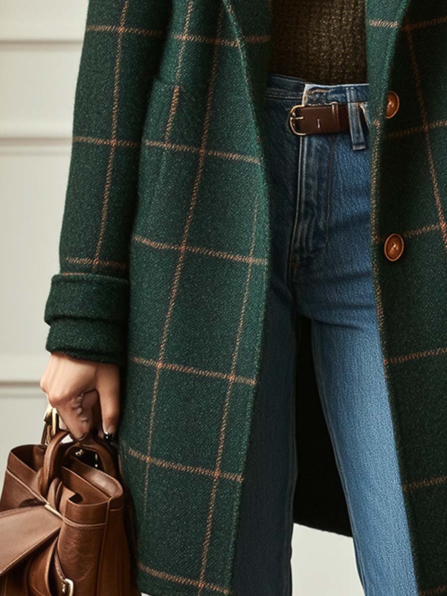 Margot coat detail showing button closure and pocket with tote bag