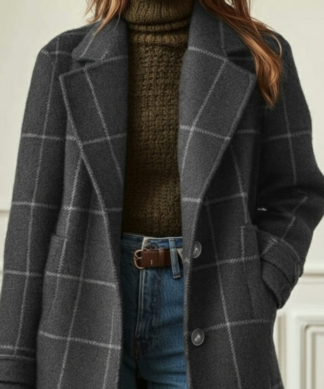 Margot check coat close-up showing collar and open lapel
