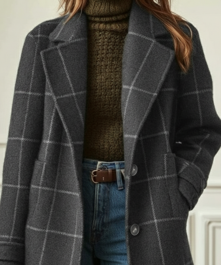 Margot check coat close-up showing collar and open lapel