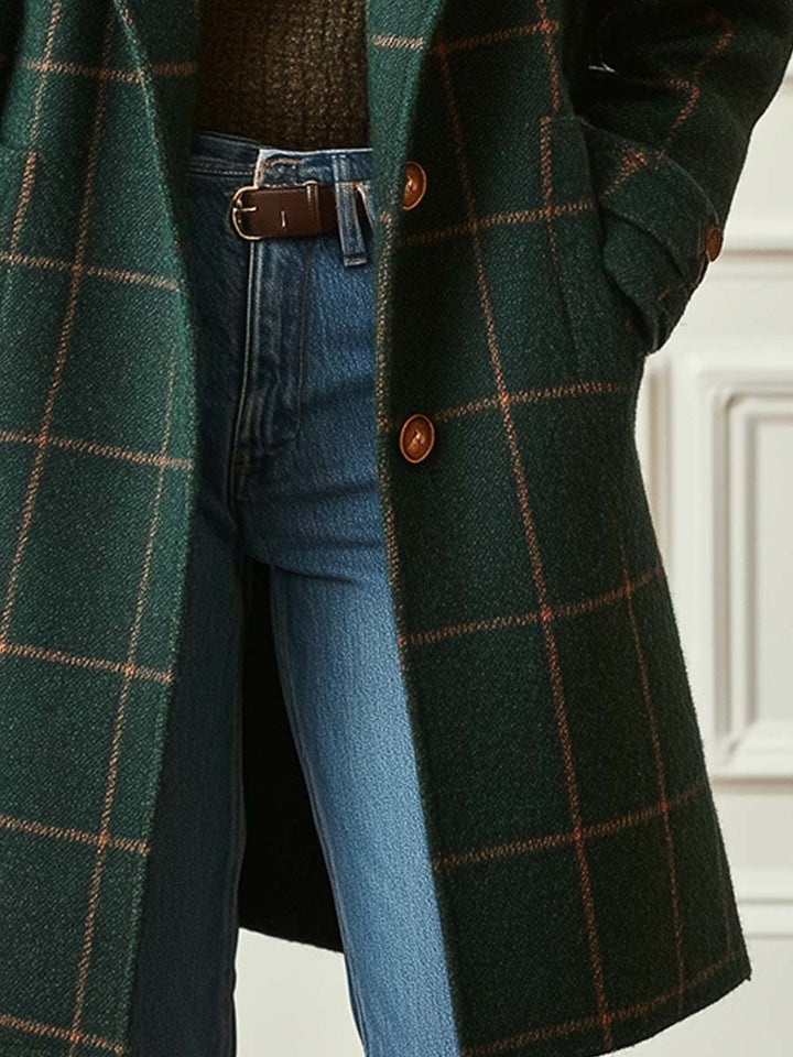 Margot gray windowpane check coat, close-up front detail