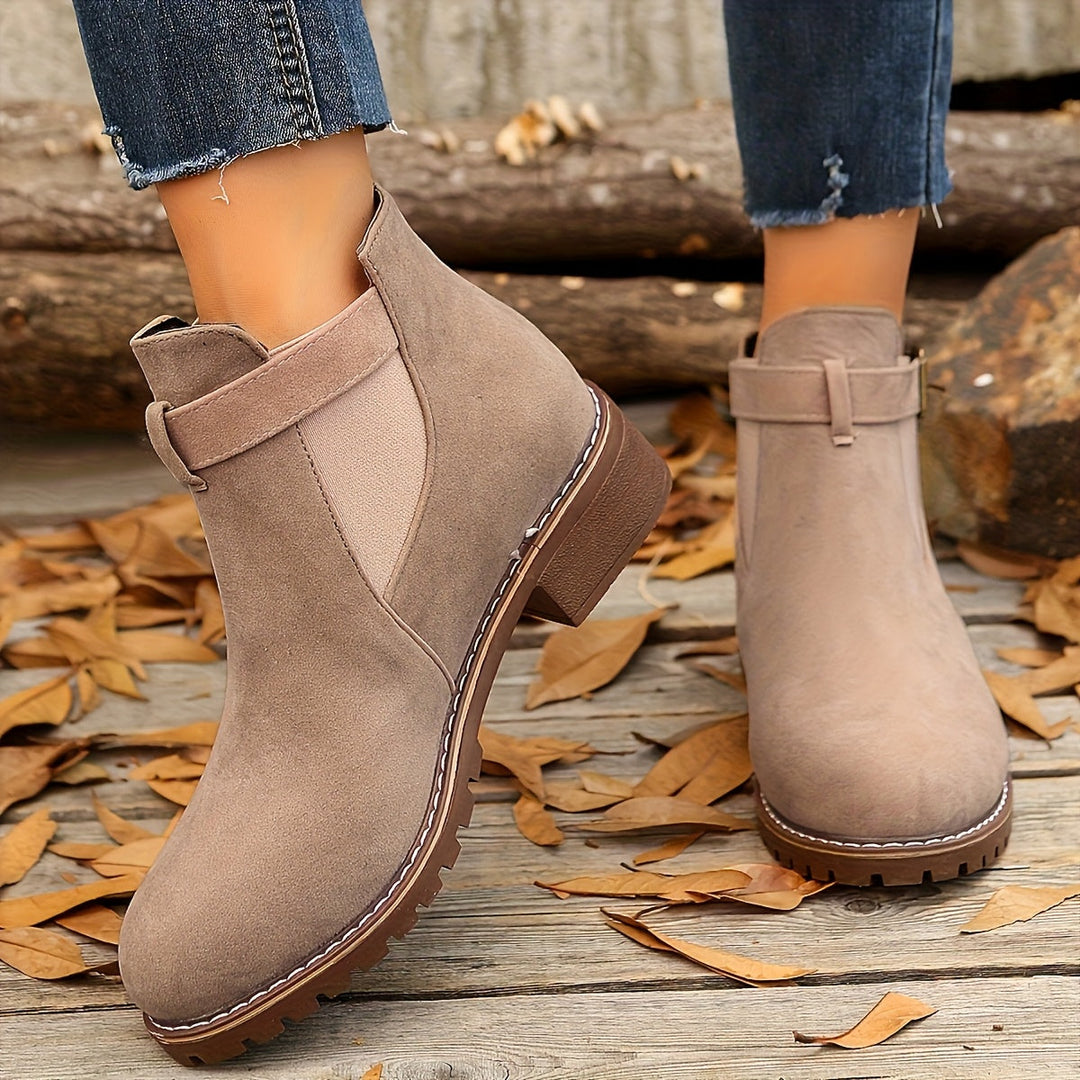 Marguerite Chelsea ankle boots in taupe, front and back view
