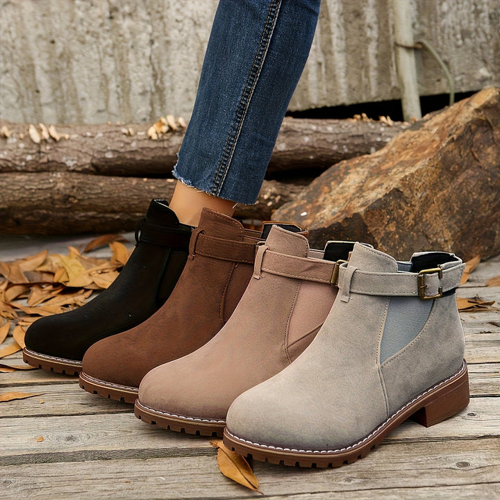 Four color options of Marguerite Chelsea ankle boots displayed together