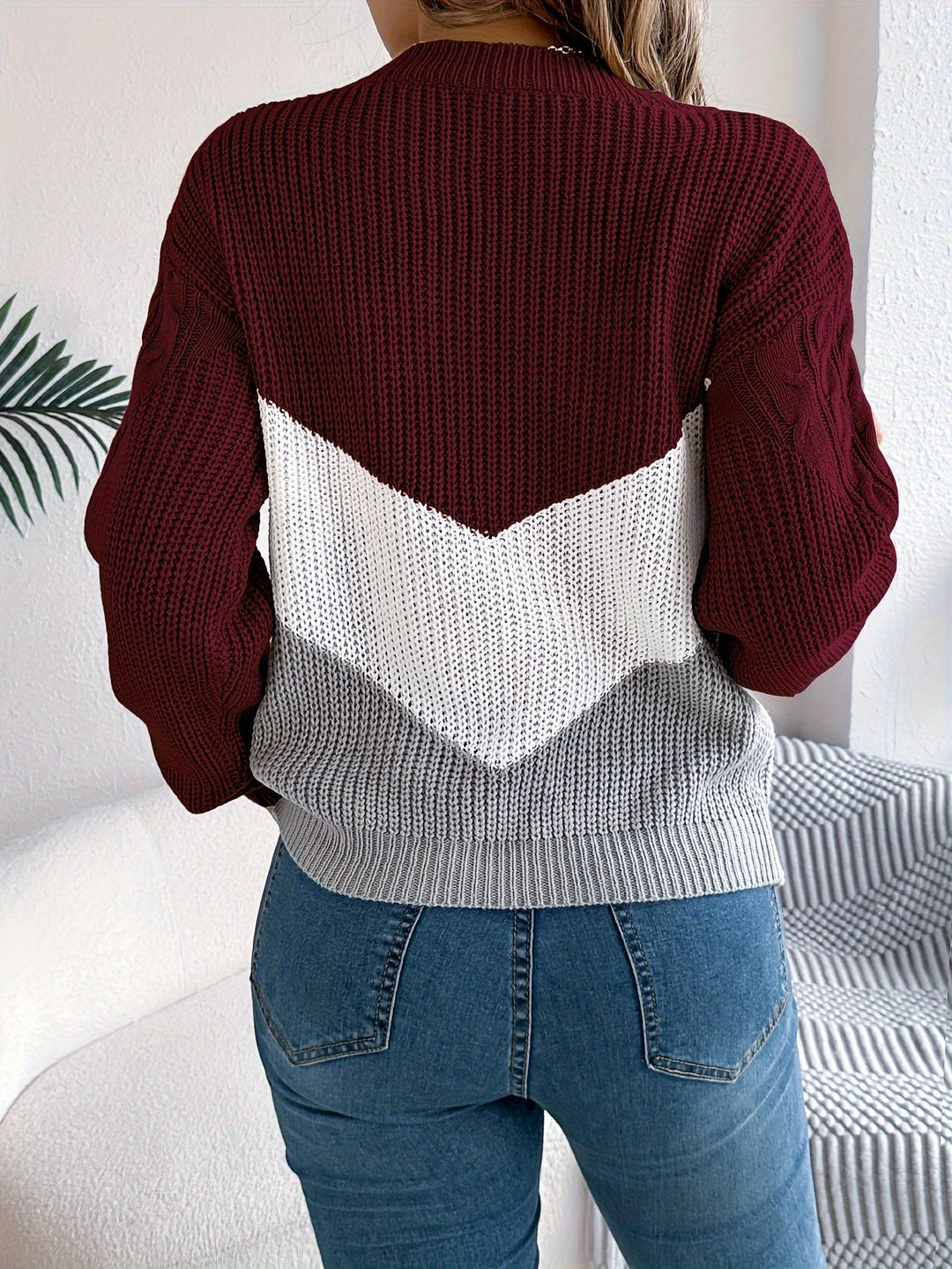 Marguerite color-block round neck sweater, styled front view