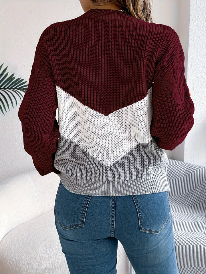 Marguerite color-block round neck sweater, styled front view
