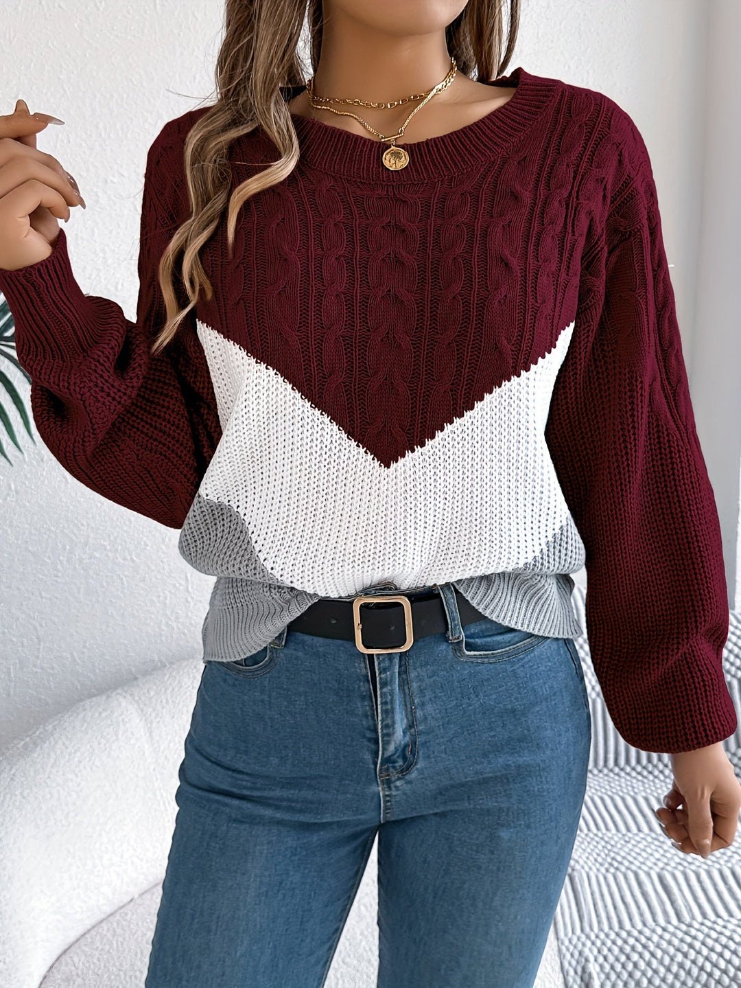 Marguerite color-block round neck sweater, styled front view