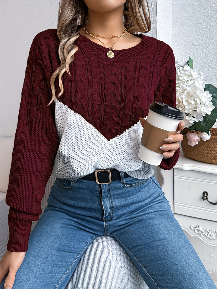 Marguerite color-block round neck sweater, styled front view