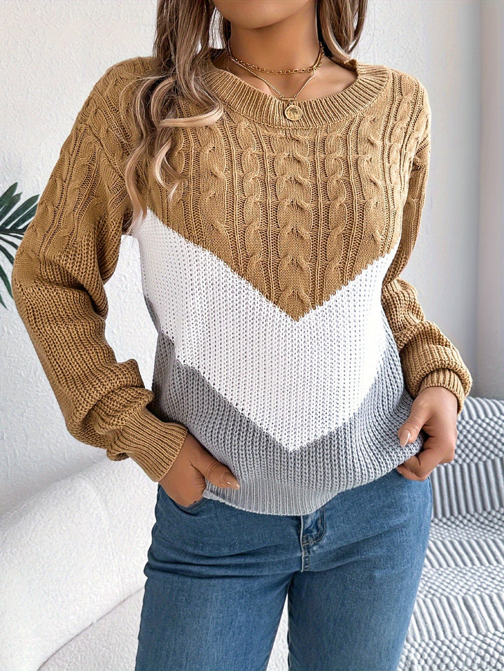 Marguerite color-block round neck sweater, styled front view
