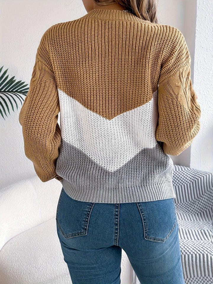 Marguerite color-block round neck sweater, styled front view