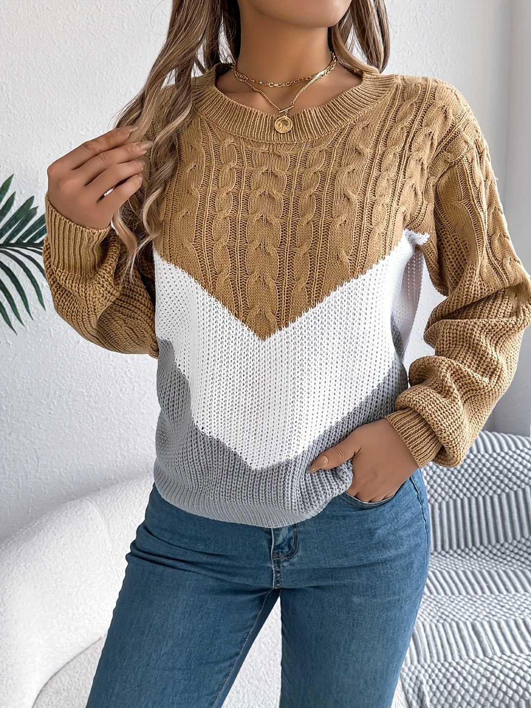 Marguerite color-block round neck sweater, styled front view