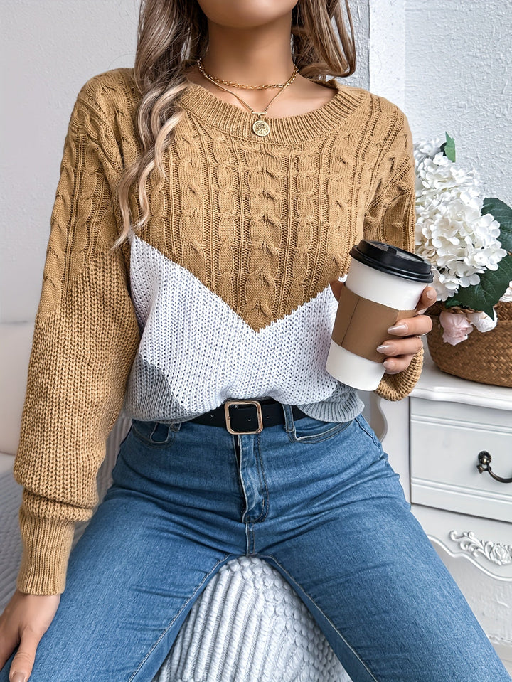 Marguerite color-block round neck sweater, styled front view