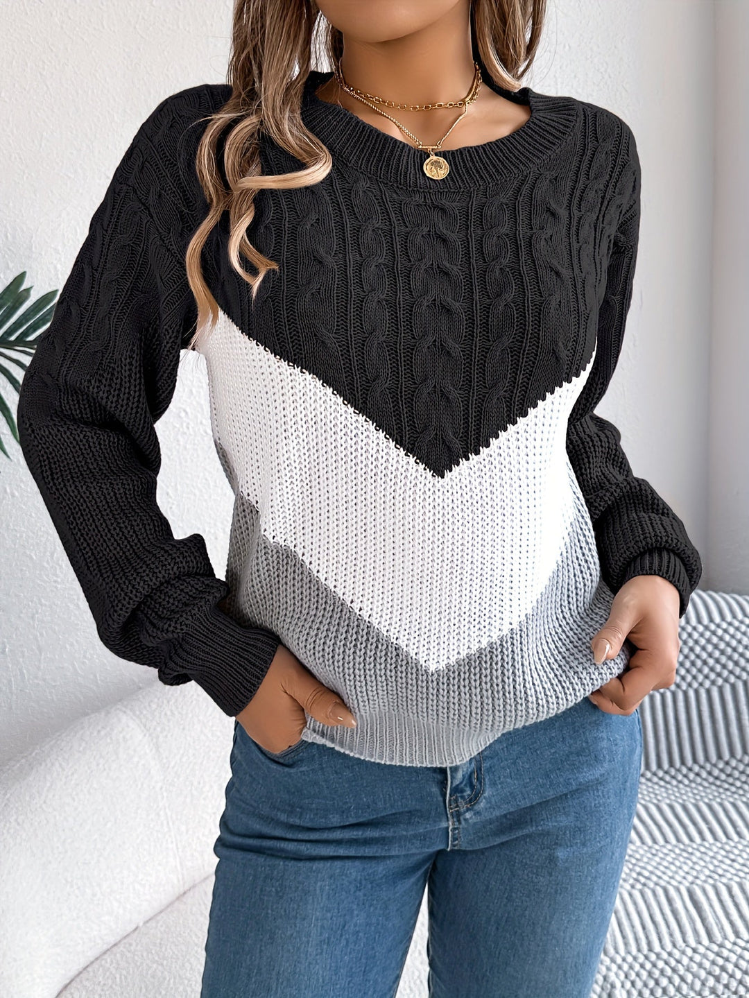 Marguerite color-block round neck sweater, styled front view
