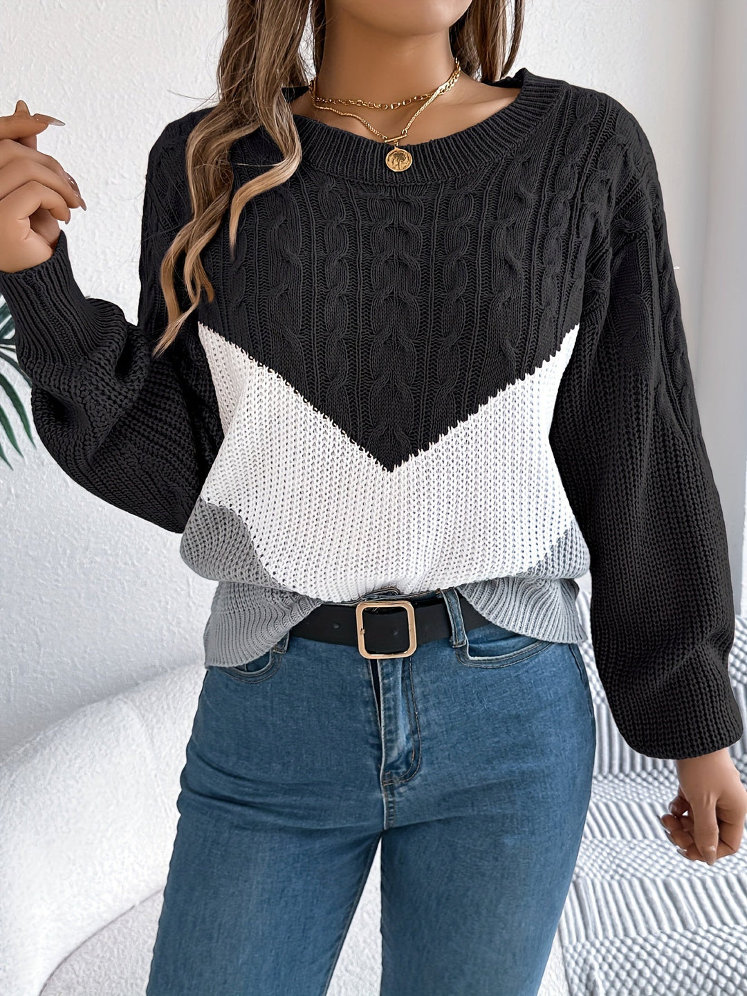 Marguerite color-block round neck sweater, styled front view