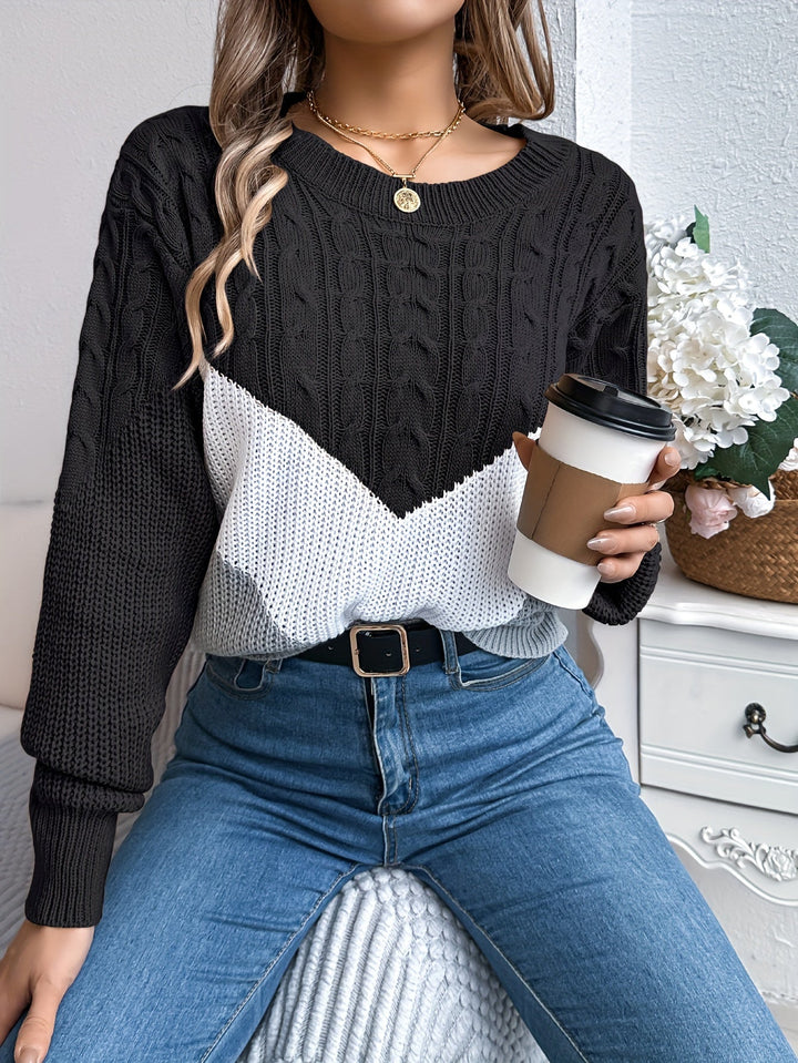 Marguerite color-block round neck sweater, styled front view