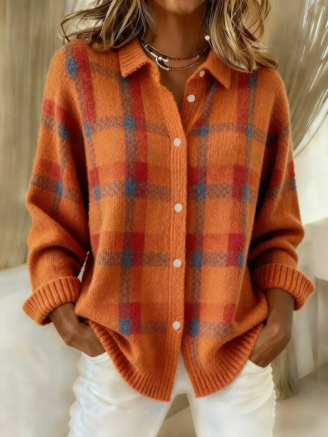 Marguerite plaid knit cardigan in orange, front view
