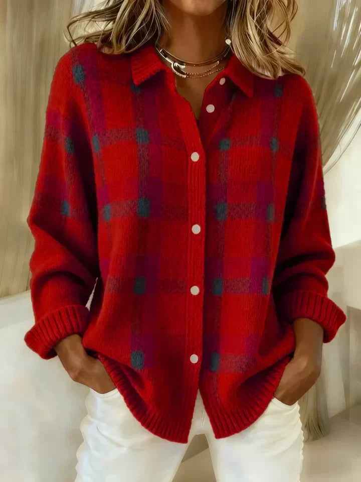 Marguerite plaid knit cardigan in red, front view