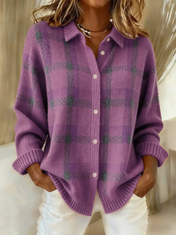Marguerite plaid knit cardigan in pink, front view