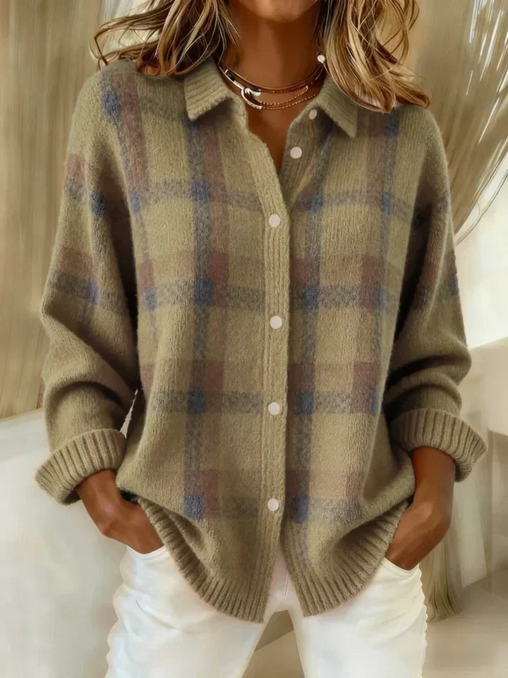 Marguerite plaid knit cardigan in pink, front view