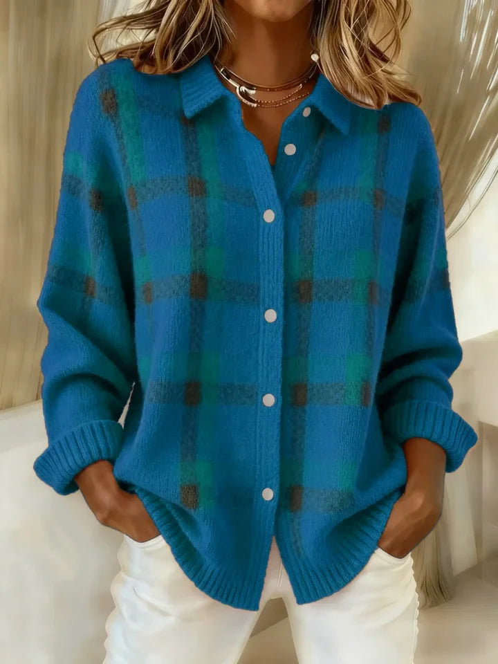 Marguerite plaid knit cardigan in pink, front view