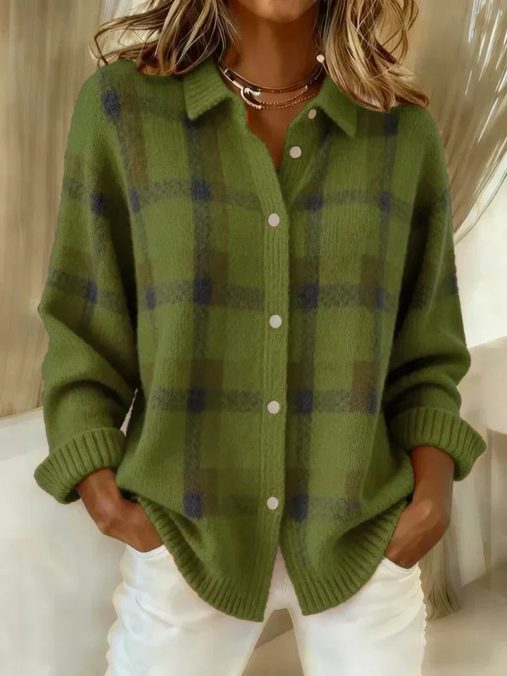 Marguerite plaid knit cardigan in pink, front view