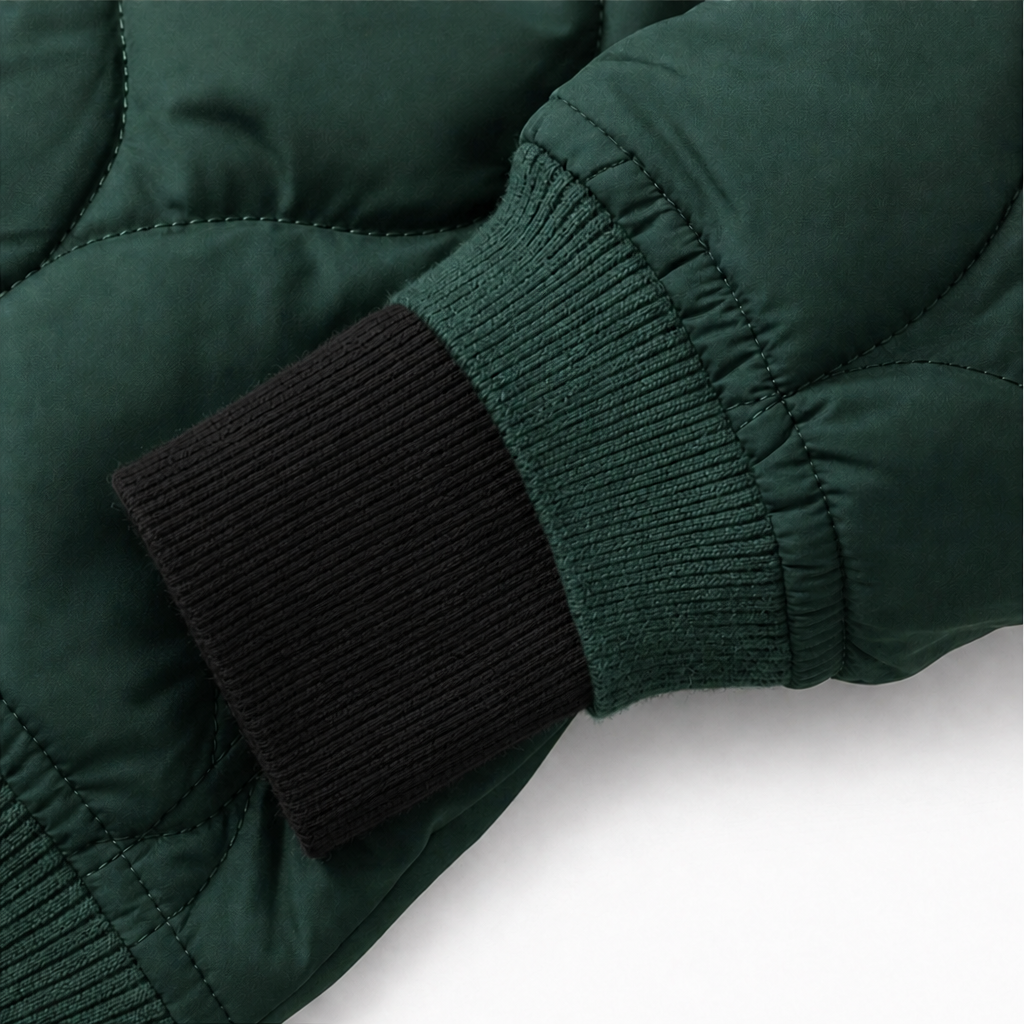 Marguerite quilted hooded puffer jacket, seated outdoor cafe view