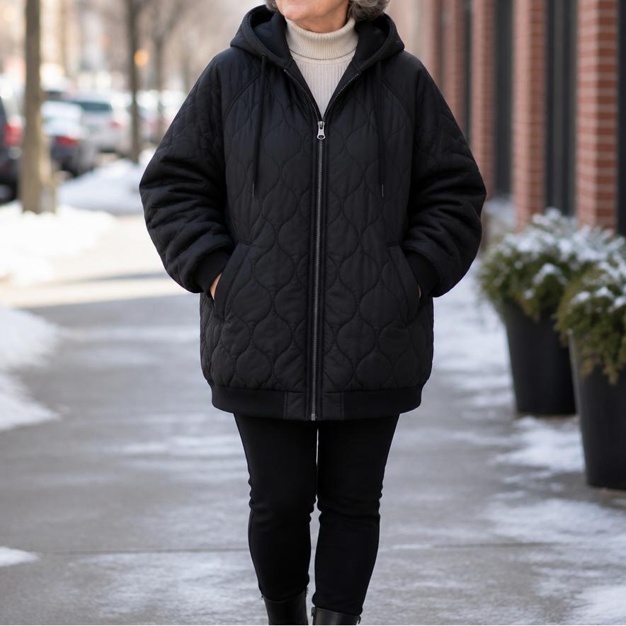 Marguerite quilted hooded puffer jacket, seated outdoor cafe view
