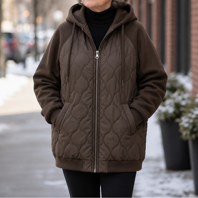 Marguerite quilted hooded puffer jacket, seated outdoor cafe view