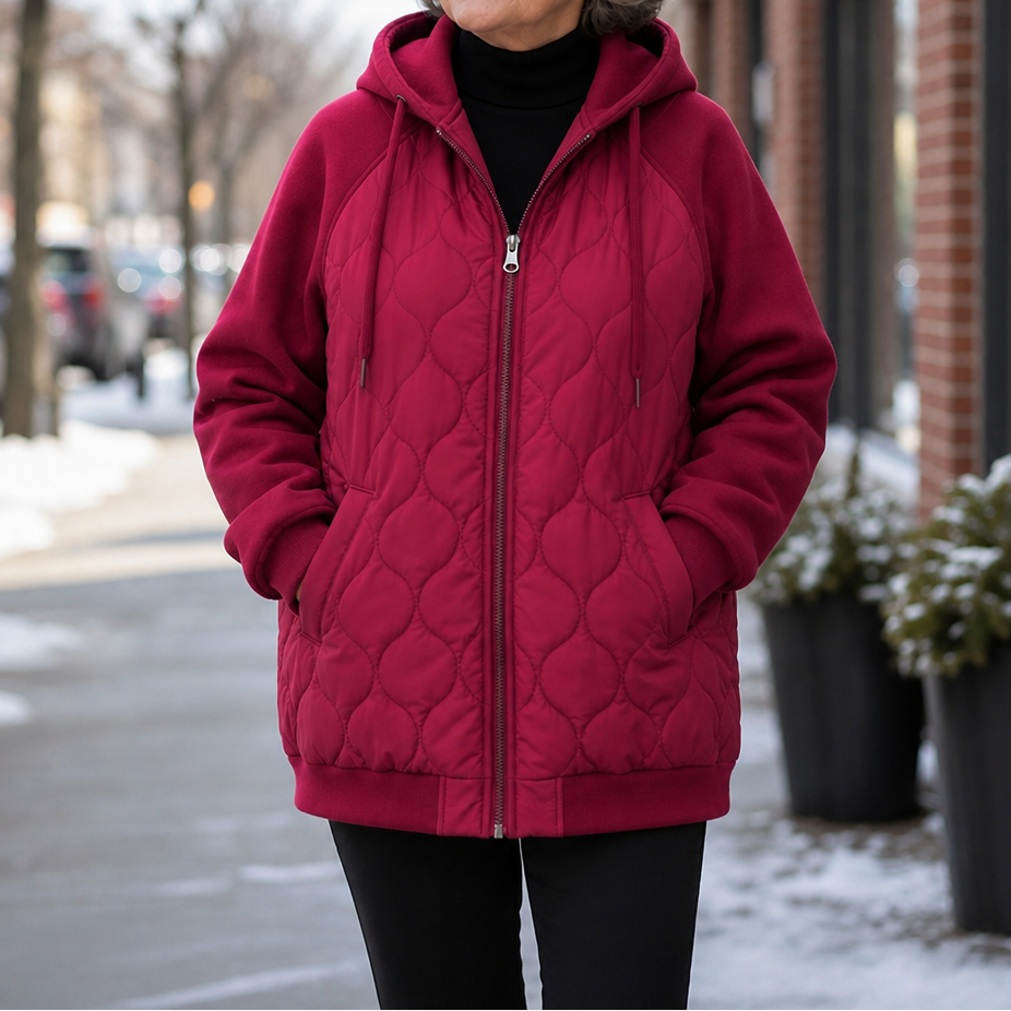 Marguerite quilted hooded puffer jacket, seated outdoor cafe view