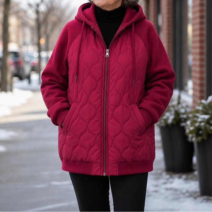 Marguerite quilted hooded puffer jacket, seated outdoor cafe view