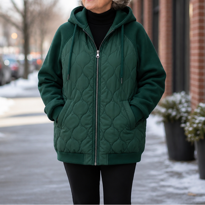 Marguerite quilted hooded puffer jacket, seated outdoor cafe view