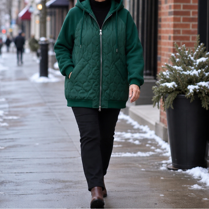 Marguerite quilted hooded puffer jacket, full-length street style