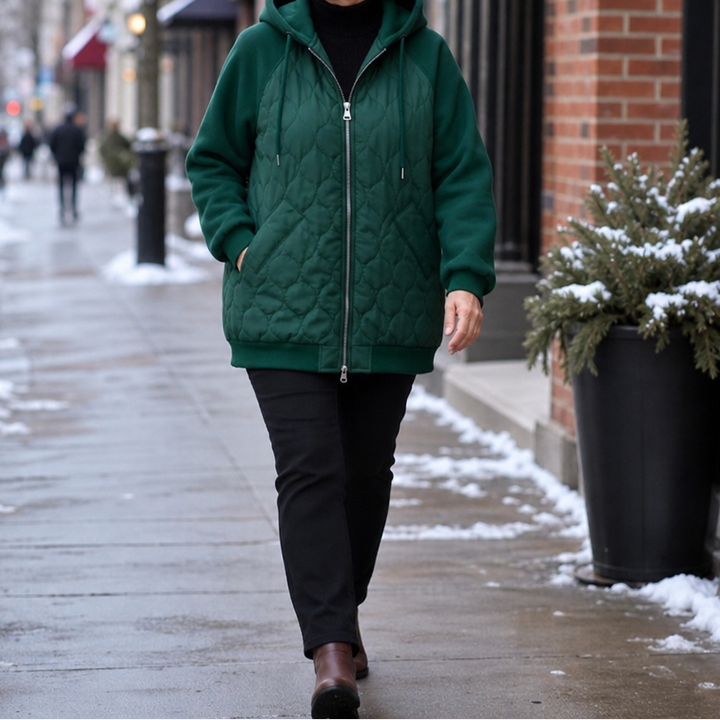 Marguerite quilted hooded puffer jacket, full-length street style