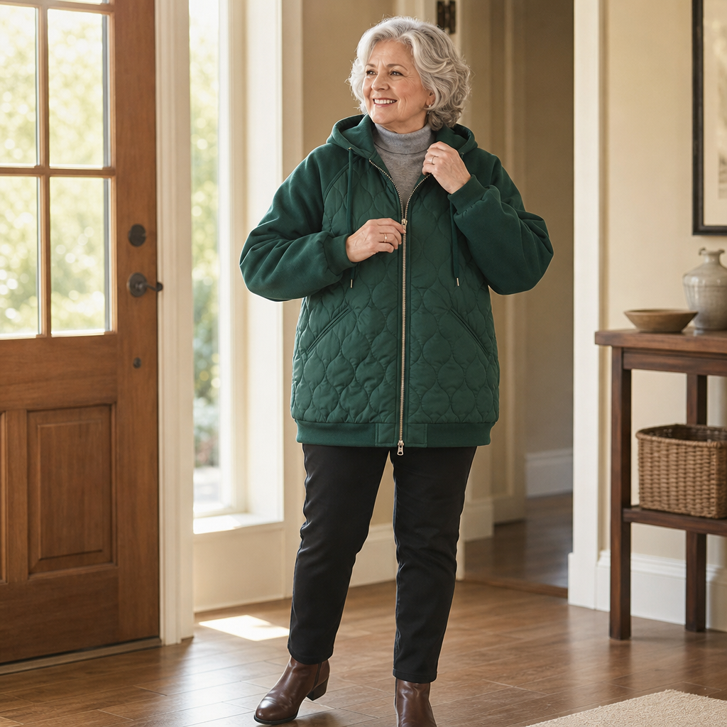 Marguerite quilted hooded puffer jacket, zipping up indoors